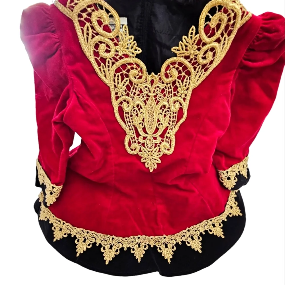 Hollywood Babe Toddler Girls Red Velvet/Gold  Embroidered Lace Longsleeve Dress